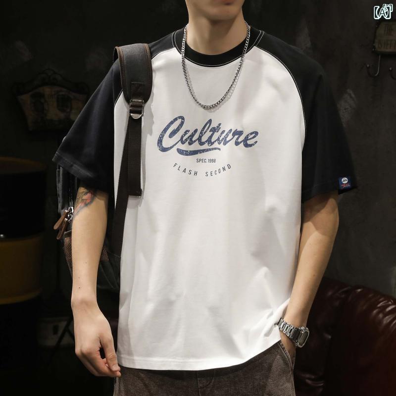 メンズ　ファッショオン　オシャレ　カジュアル　男性 アメリカン ラグラン スリーブ Tシャツ 半袖 メンズ 夏たり 大きいサイズ 五分袖 トップス カラーマッチング ヘビー コットン