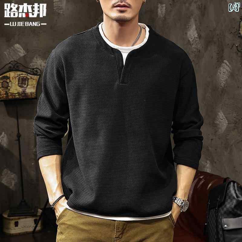 メンズ ファッショオン オシャレ カジュアル 男性 テクスチャー ワッフル フェイク 2点 Vネック インナー 長袖 Tシャツ メンズ ヘンリー シャツ コットン 柔らかい トレーナー 秋冬