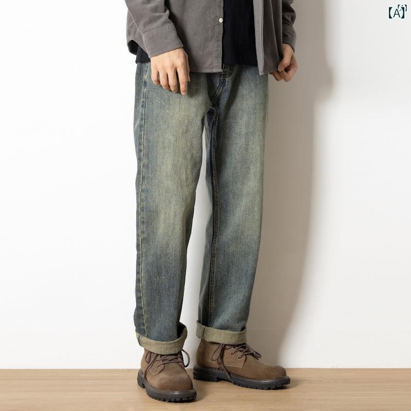 メンズ　ファッション　オシャレ　カジュアル　男性 春秋 レトロ ブルー ジーンズ アメリカン ストレート レッグ パンツ 男性用