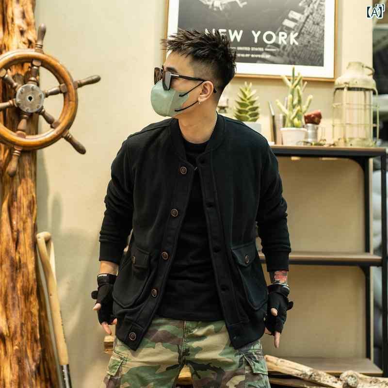 メンズ　ファッション　オシャレ　カジュアル　男性 アメリカン レトロ アミ カーキ ソリッドカラー 野球 シャツ フリース ジャケット 春秋 紳士服
