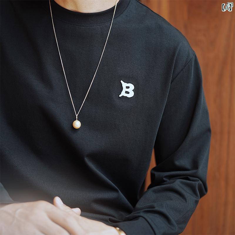 メンズ　ファッション　オシャレ　カジュアル　男性 メンズ ベーシック ラウンドネック ブラック Tシャツ ハイエンド 刺繍入り 秋冬 大きいサイズ 長袖 ボトムス シャツ カジュアル トップス