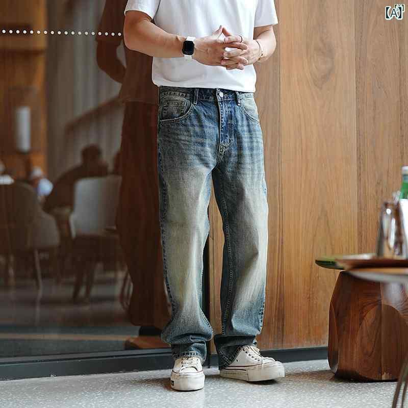 メンズ　ファッション　オシャレ　カジュアル　男性 アメリカン ストリート レトロ ブルー ヘビーウォッシュ メンズジーンズ 秋 パッチ ストレート ロング パンツ