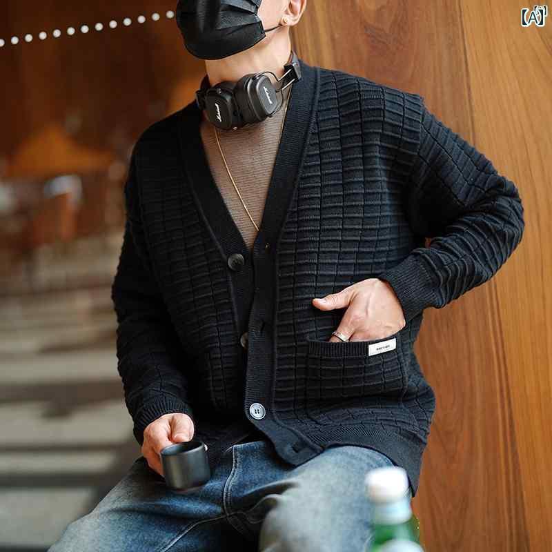 メンズ　ファッション　オシャレ　カジュアル　男性 レトロ パターン Vネック ニット カーディガン メンズ 初秋 無地 シンプル セーター ジャケット