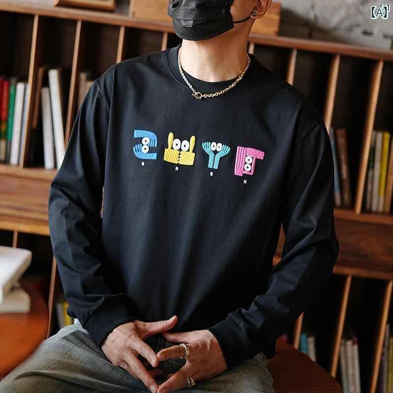 メンズ　ファッション　オシャレ　カジュアル　男性 刺繍 長袖 Tシャツ 初秋用 メンズ ラウンドネック スウェットシャツ