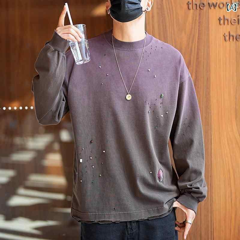 メンズ　ファッション　オシャレ　カジュアル　男性 グラデーション ウォッシュ ホール 状 長袖 Tシャツ メンズ 秋冬 高級 宝石 トップ 8,909円