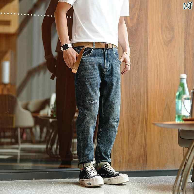 メンズ　ファッション　オシャレ　カジュアル　男性 アメリカン ストリート レトロ ブルー ウォッシュ リップド ジーンズ メンズベルト付き カジュアル パンツ