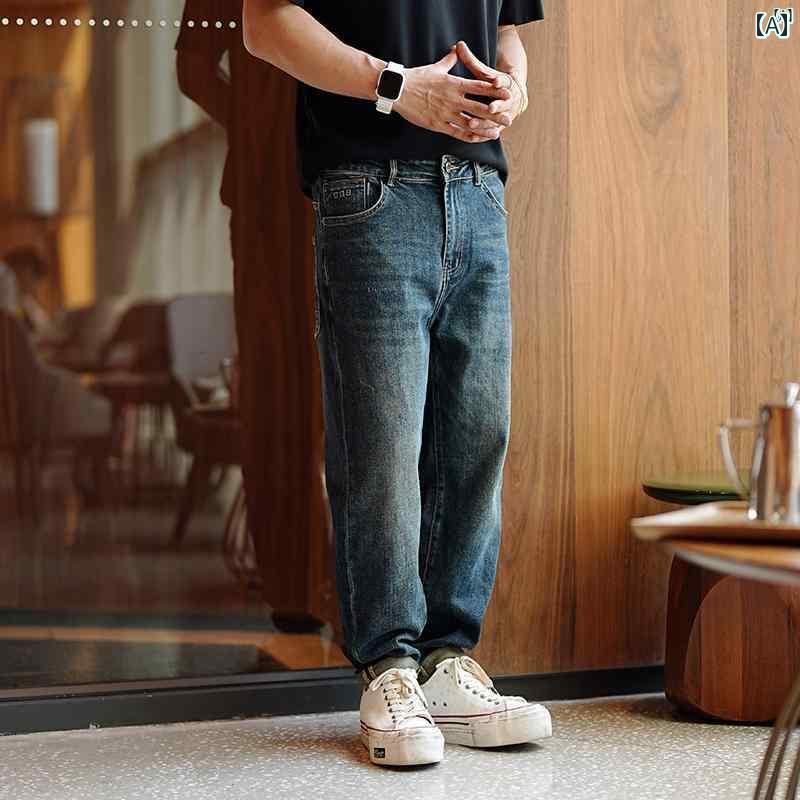 メンズ　ファッション　オシャレ　カジュアル　男性 秋 メンズ アメリカン レトロ ブルー ウォッシュ ダメージ マイクロ ワイド ジーンズ シンプルベーシック ストレート パンツ