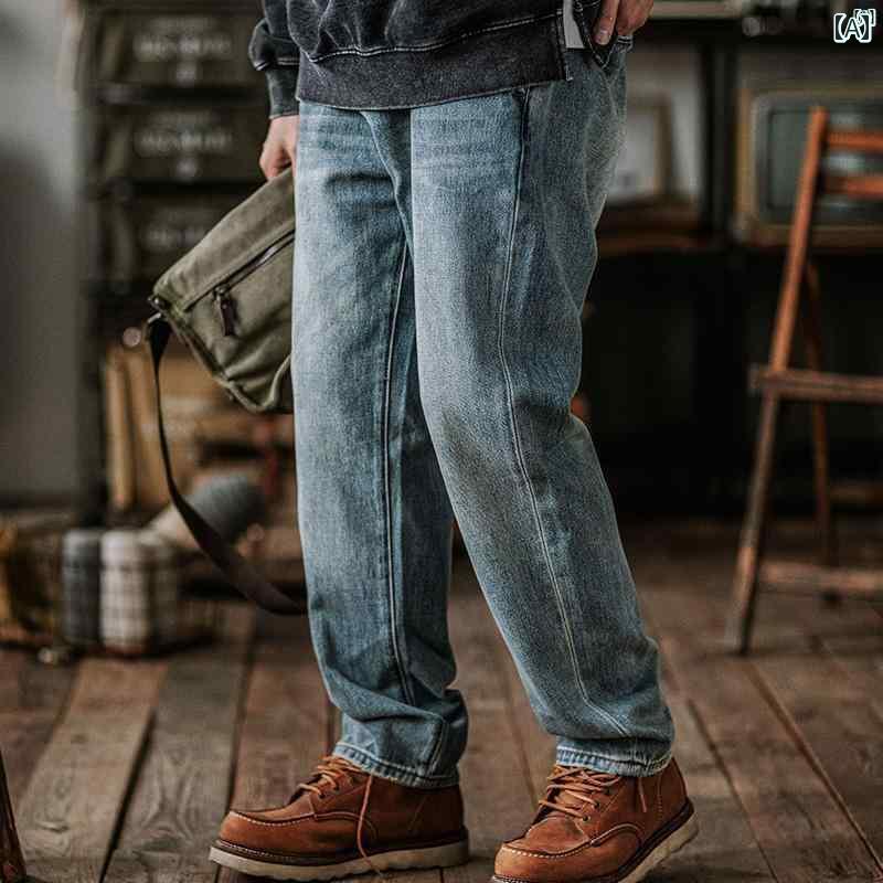 メンズ　ファッション　オシャレ　カジュアル　男性 春秋 アメリカン レトロ ウォッシュ ダメージ 加工 ストレート ジーンズ アミ カーキ パンツ