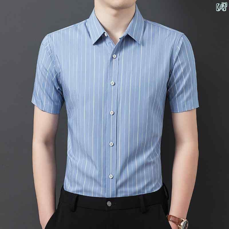 メンズ ファッション オシャレ カジュアル 男性 上品 夏 冷感 薄手 男性 半袖 シャツ ストライプシャツ 裏地 チェック柄 紳士服