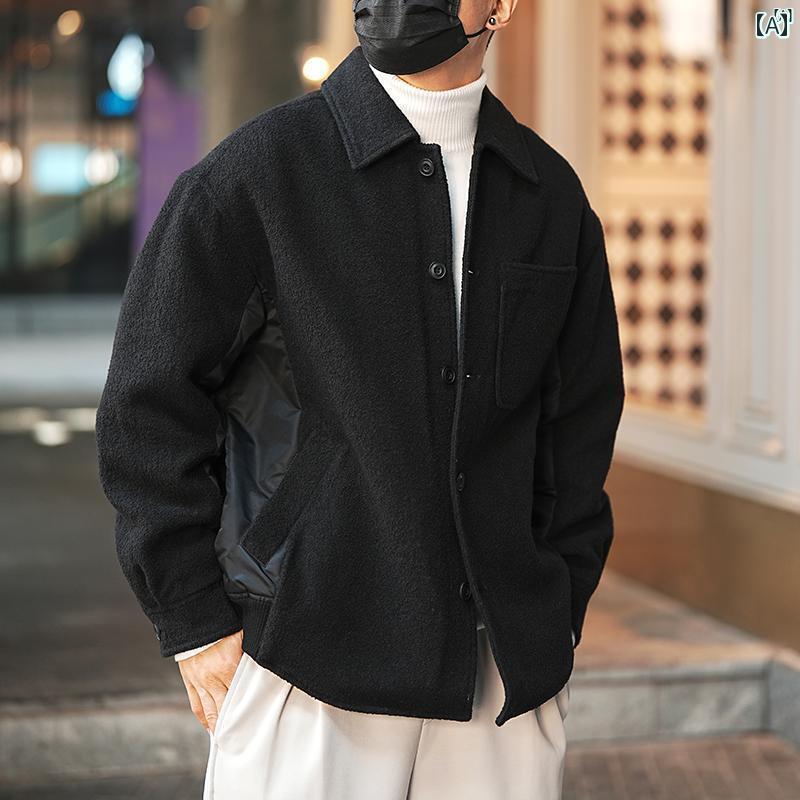 メンズ　ファッション　オシャレ　カジュアル　男性 カジュアル スプライシング コントラスト ウール コットンジャケット メンズ 秋冬 ライト 高級 暖かい トップ