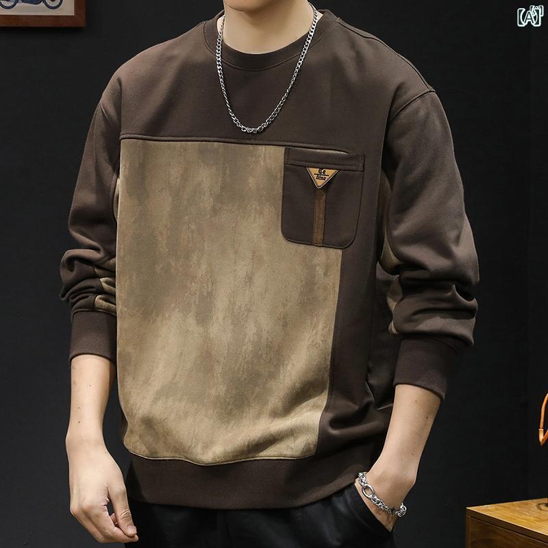 メンズ　ファッション　オシャレ　カジュアル　男性 アメリカ 厚手 スウェットシャツ 春秋 ラウンドネック 紳士服 長袖 スプライシング プルオーバー トップ