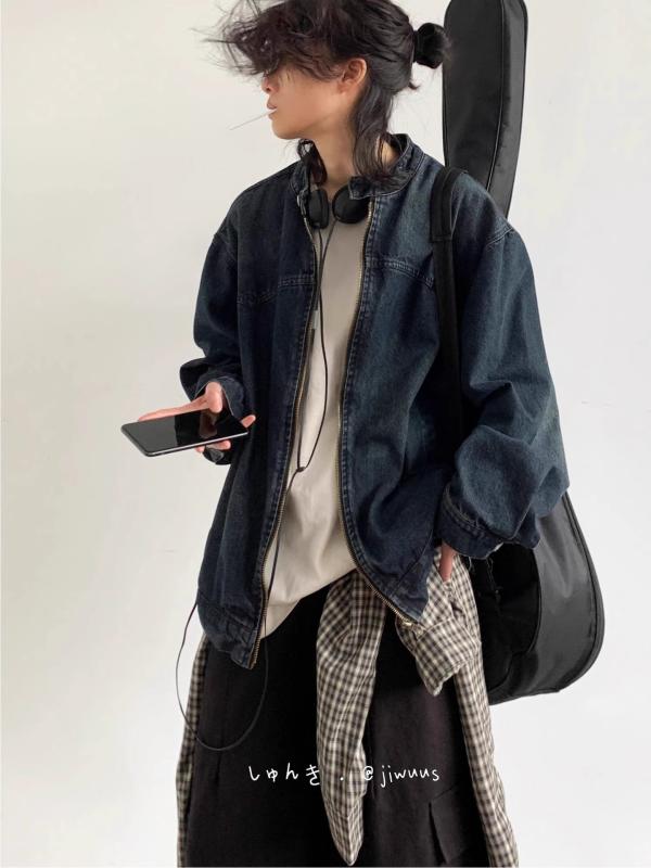 メンズ デニム ジャケット 日系 レトロ ウォッシュ加工 ルーズ スタンドカラー 長袖 カジュアル ボーイフレンド風 ブルー コットン混 春秋 日常使い 直裾 ジッパー 青少年向け