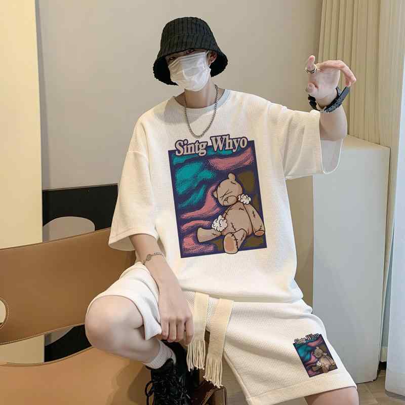 メンズ 夏用 スポーツ 短袖Tシャツ 短パン セット ワッフル格子 クマ柄 カジュアル ポリエステル 吸湿速乾 白 灰色 黒 ブルー 軽量 普段使い