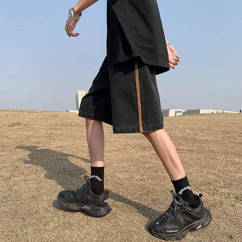 メンズ レトロ ウォッシュド デニム ショーツ 夏用 ハーフパンツ ドローコード ルーズフィット 高級感 コットン ストレッチ ブラック ブルー カジュアル 普段使い