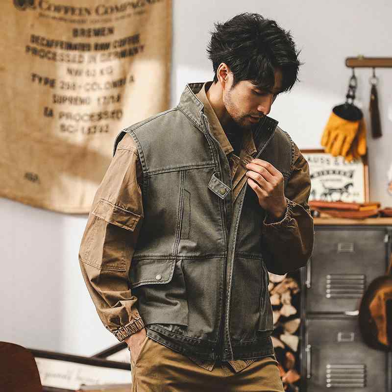 メンズ 秋 ワーク ベスト スタンドカラー コットン グリーン アウトドア タクティカル ゆったり 薄手 ビンテージ ワッシュド イージーケア 立体ポケット ストレートヘム スポーツ 普段使い
