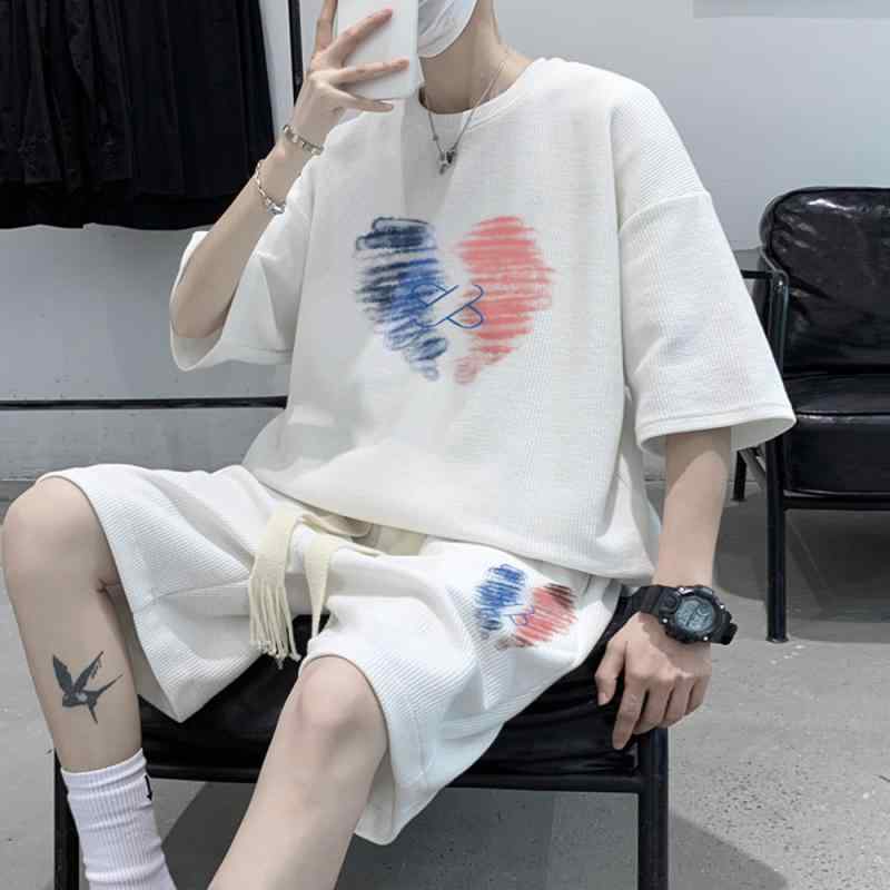 男性用 オーバーサイズ ワッフル格子 半袖 Tシャツ ショーツ ルーズ セット 夏用 カジュアル ポリエステル ブラック グレー ホワイト 普段使い 軽量 吸湿速乾