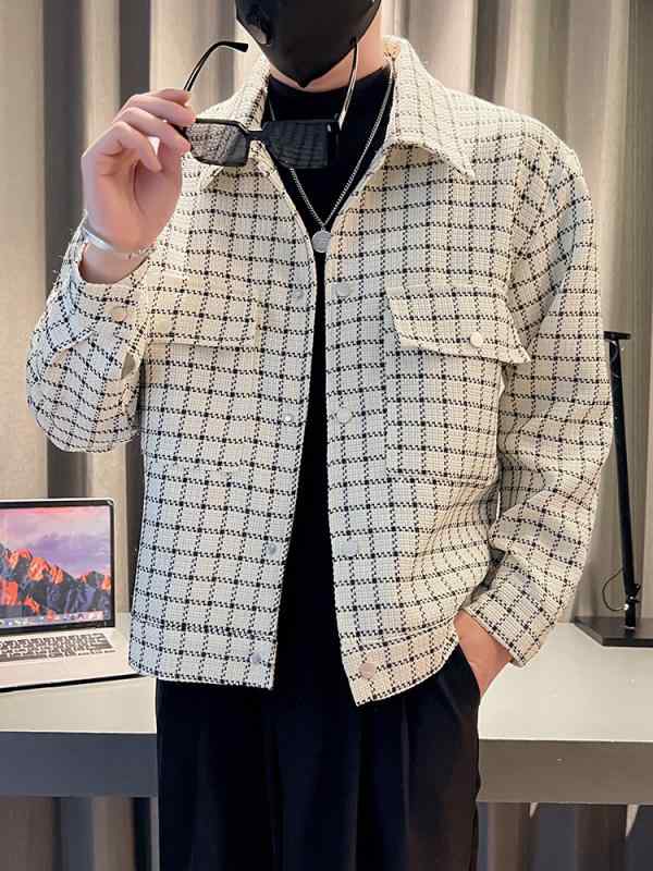 ジャケット 男性用 春秋 チェック柄 ラペル ルーズフィット カジュアル スタイリッシュ ポリエステル 長袖 直裾 側ポケット バッジ付き イージーケア ブラック ホワイト グリーン 日常使い