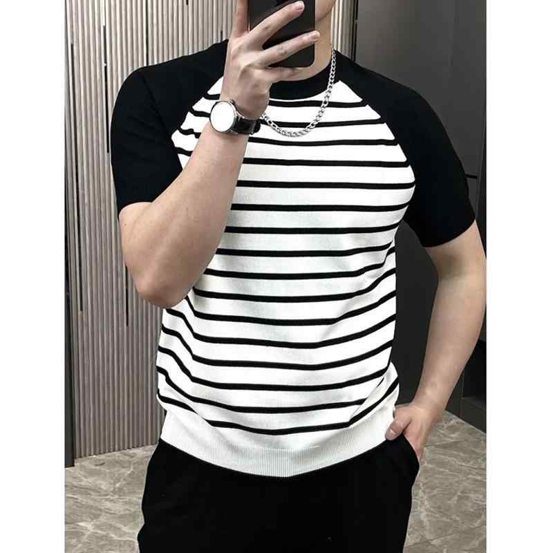 Tシャツ 男性用 夏 短袖 ストライプ 切り替え ルーズフィット クルーネック 爽やか カジュアル トップス 麻混 薄手 抗菌 日常使い 普段使い