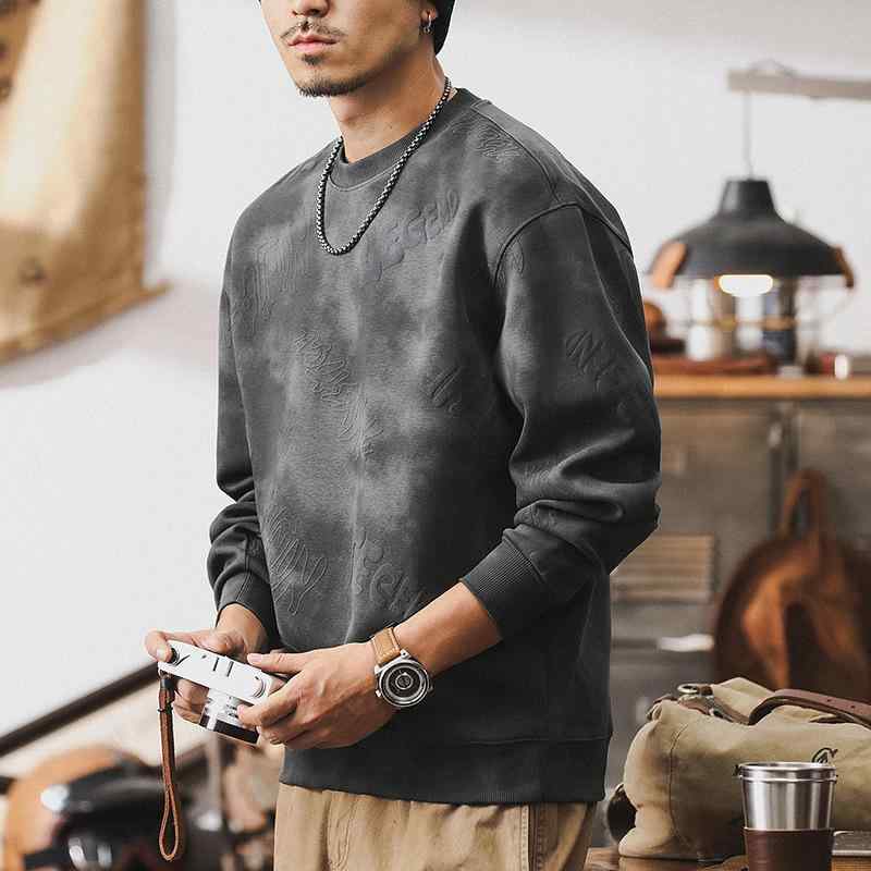 メンズ スウェットシャツ 秋 ルーズフィット レトロ プリント 綿 厚手 ダークグレー ブラック ベージュ 丸首 長袖 カジュアル 日常使い 青少年向け 非アイロン加工
