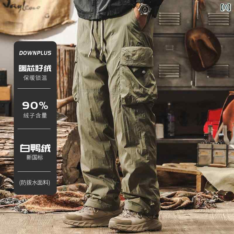 ダウンパンツ メンズ 秋冬 保温 厚手 アウトドア スキー用 ストレートレッグ カジュアル コットン 合成皮革 グリーン ブラック 90%ホワイトダックダウン 軽量 吸湿速乾