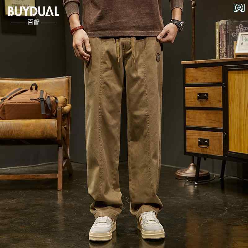 カジュアルパンツ 男性用 ルーズ ビッグサイズ アメリカン ストリート レトロ シンプル ストレート カーゴ ワイドレッグ 春 ジオメトリック柄 ライトカーキ コットン 薄手 ノーアイロン ミッドライズ 普段使い