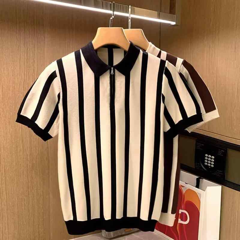 メンズ 短袖 Tシャツ ゆったり 丸首 ストライプ柄 ポリエステル混紡 夏用 カジュアル トップス ノンアイロン ストレートシルエット ブラック ブラウン系 軽量 吸湿速乾