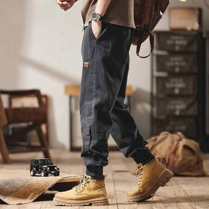 カーゴパンツ メンズ アメリカン レトロ ルーズ ストレート 裾絞り カジュアルパンツ コットン キャンバス地 薄手 微弾性 耐摩耗 ノーアイロン 無地 ミッドライズ スポーツ用 ブラック グレー カーキ 春秋