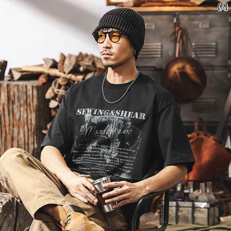 アメリカン レトロ Tシャツ メンズ 短袖 夏 ゆったり カジュアル トップス アルファベット プリント 落肩袖 クルーネック コーマ綿 抗菌 ノンアイロン 薄手 スポーツ ブラック ホワイト