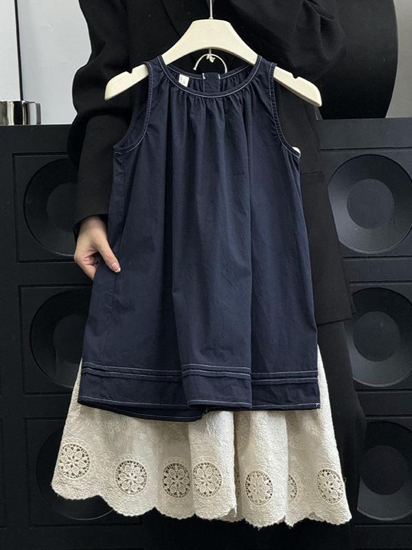 女の子 スカートセット 夏用 韓国風 レトロ 背心スカート 短袖 薄手 ポリエステル ネイビー アイボリー 子供服 スタイリッシュ 普段使い