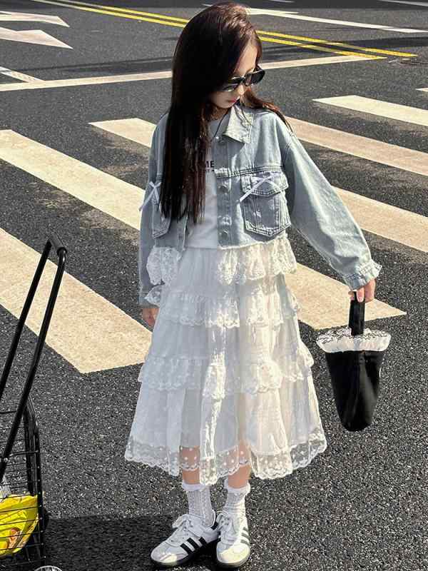 女の子 プリンセス ケーキスカート セット レース デニム ジャケット ロングスカート 春秋 厚手 長袖 ブルー ポリエステル かわいい 普段使い 中大児
