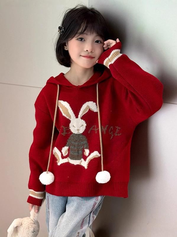 女の子用 秋冬 カートゥーン柄 長袖 ニットセーター デニムパンツ セット 赤 綿ポリエステル 混 韓国風 おしゃれ 普段使い 伸縮性 普通厚