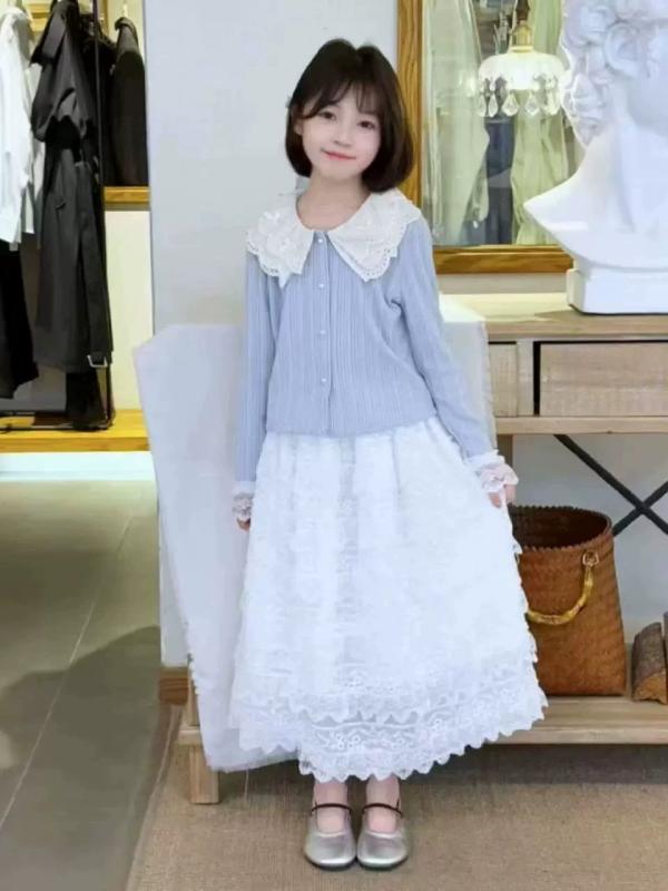 女児 春秋 長袖 花辺 カーディガン トップス プリンセス スカート セット 厚手 ポリエステル 単色 普段使い かわいい コーディネート