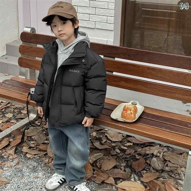 ダウンジャケット 子供 男の子 冬用 パン生地 韓国風 ブラック ショート丈 ゆったりシルエット 防水 防風 防汚 ポリエステル 白鴨ダウン 厚手 長袖 柔軟