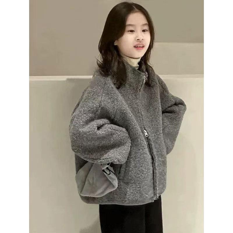 女児用 秋冬 保暖 コート グレー ポリエステル フリース ハイネック 長袖 中長 カートゥーン柄 スクールスタイル 軽量 伸縮性 吸湿速乾