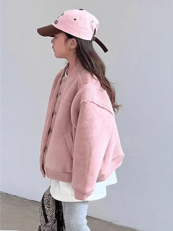 女の子 ジャケット 秋冬 厚手 人造毛皮 ピンク 野球風 韓国スタイル 暖かみ スタイリッシュ 子供服 合成ファー ボンバージャケット 女児用 コート風
