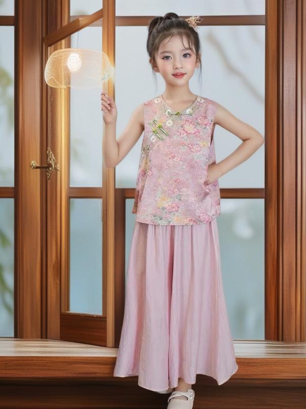 女の子 夏 中国風 漢服 2点セット 短袖 トップス パンツ ピンク ポリエステル プルオーバー カジュアル 普段使い かわいい デザイン