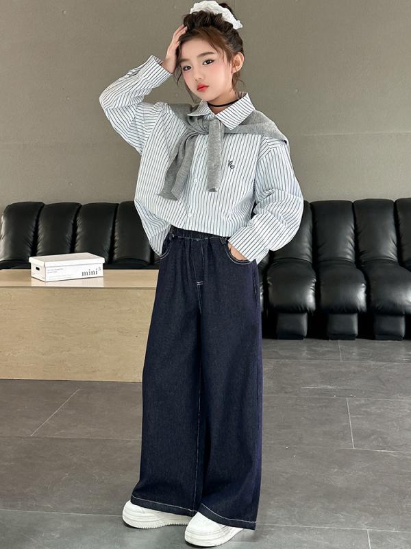 女の子 春夏 韓国風 ゆったりシルエット 長袖 ストライプ シャツ ショール デニムパンツ 三点セット カジュアルスタイル ポリエステル素材 4,412円