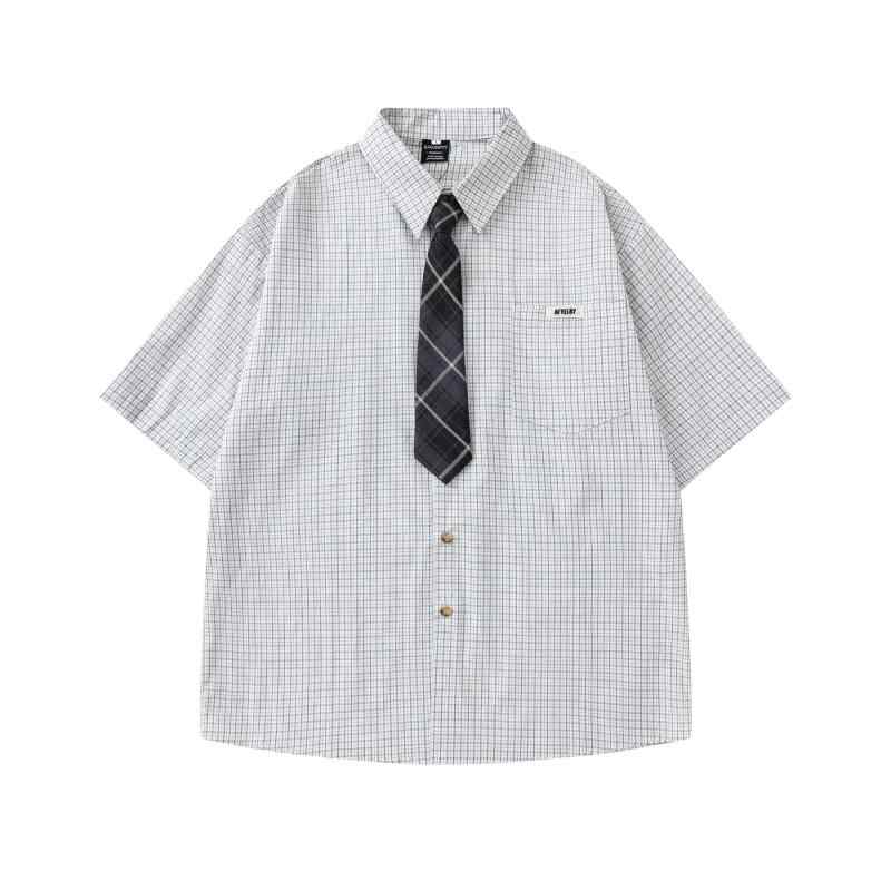 メンズ 短袖 チェック柄 シャツ 日系 レトロ 学院風 ペア用 ゆったり カジュアル トレンド 綿素材 ノンアイロン 耐色性 夏用 ブラック ホワイト