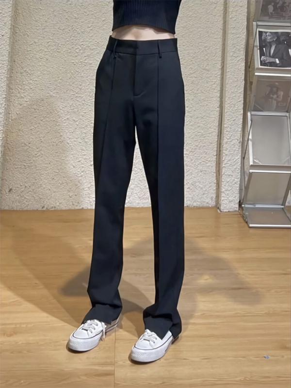 レディース 直筒パンツ 高腰 ゆったり 開・楷 垂れ感 ブラック 秋冬 ポリエステル 微弾力 中厚 ポケット 切り替え ストリート 普段使い 軽量 伸縮性