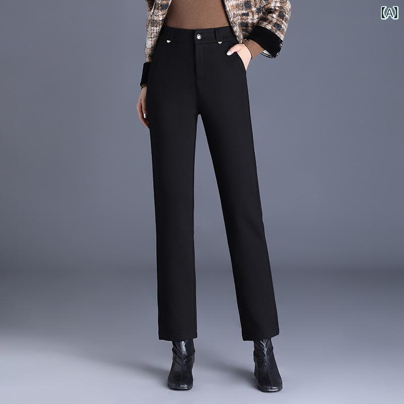 パンツ レディース ハイウエスト ストレート 秋冬 暖か スリム 小柄対応 オフィス カジュアル ブラック ポリエステル 微弾力 切り替え デザイン ポケット