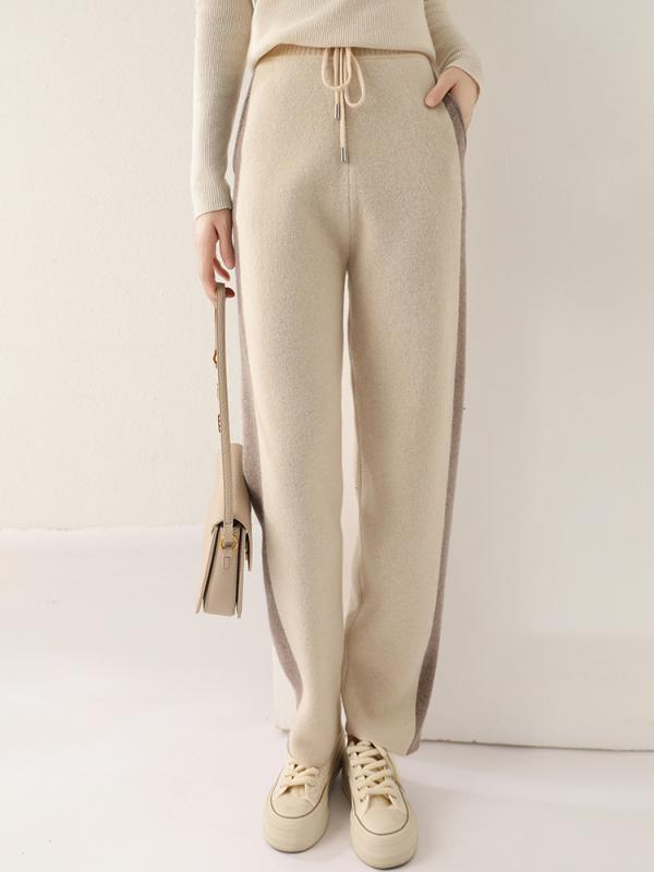 レディース 秋冬 厚手 ウール カシミア 混 ワイドレッグ パンツ 高腰 ゆったり 色切り替え ポケット付き 通勤用 暖か 伸縮性 紺色 ダークグレー 気質 スタイル