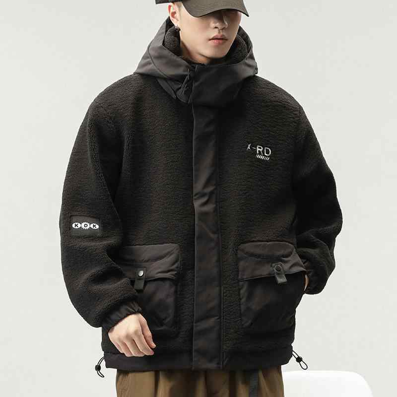 ジャケット メンズ ボア フード付き 裏ボア 厚手 防寒 保温 ジップアップ ゆったり オーバーサイズ ビッグシルエット カジュアル 普段使い 綿 ポリエステル アウター 秋冬 ブラック カフェ｜shop I.D.H