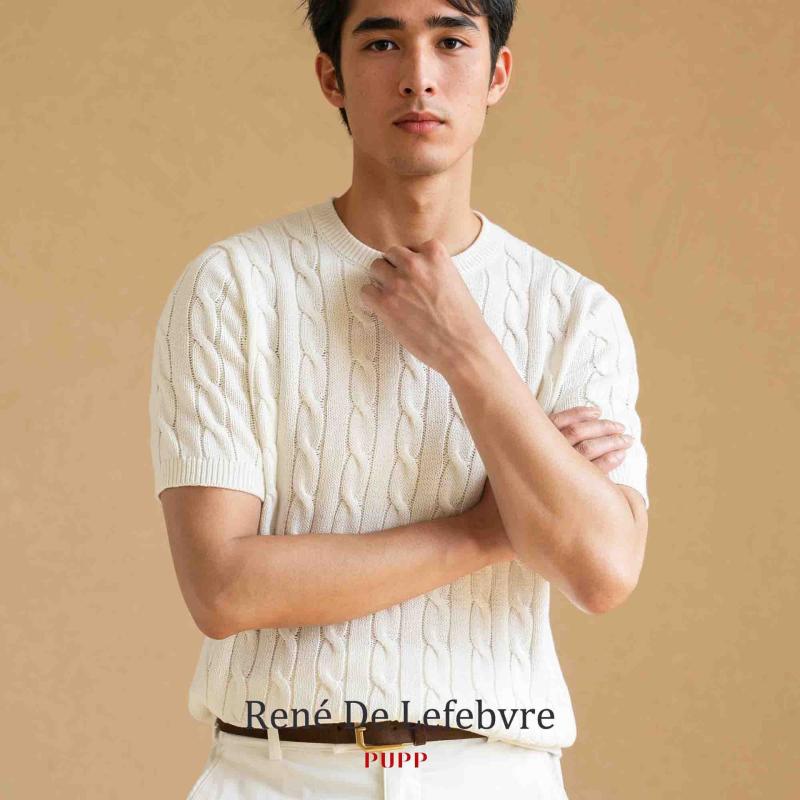 Tシャツ メンズ 春夏 ニット 半袖 ケーブル編み クルーネック コットン 通気性 ベーシック レギュラーフィット カジュアル 普段使い トップス 男性用｜shop I.D.H