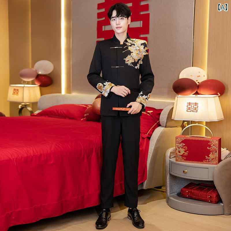礼服 メンズ 男性用 新郎 結婚式 ウェディング ブライダル ニューチャイニーズスタイル 中国風 中山服 唐装 チャイナジャケット スタンドカラー 立ち襟 レトロ クラシック フォーマルスーツ セットアップ ポリエステル ブラック オールシーズン