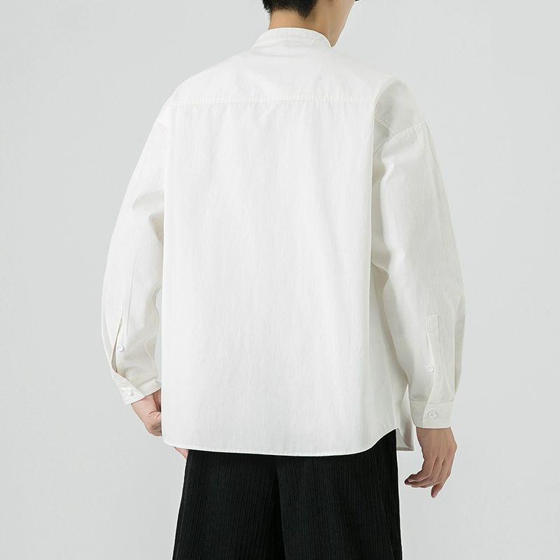 シャツ メンズ モダンチャイニーズ チャイナ風 レトロ ヴィンテージ 唐装風 中山服風 スタンドカラー バンドカラー 長袖 ゆったり リラックスフィット 無地 薄手 軽量 ポリエステル イージーケア 普段使い デイリーユース 白 黒 春夏
