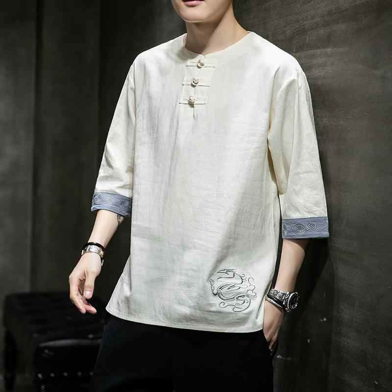 Tシャツ メンズ 中国風 唐装 漢服 盤釦 半袖 五分袖 丸首 クルーネック 織柄 レトロ ヴィンテージ 綿 コットン 吸湿速乾 普段使い カジュアル ストリート 春夏 グレー ベージュ ゆったり 楽ちん シワになりにくい