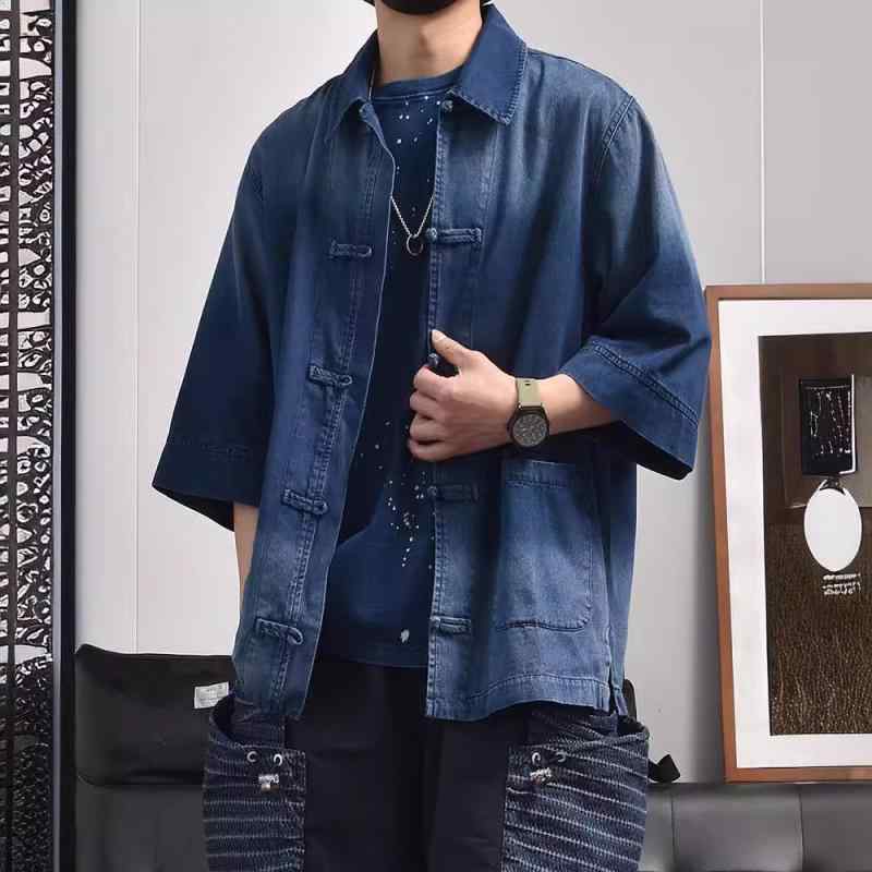 シャツ メンズ 男性用 和風 レトロ チャイナボタン デニム ゆったり ルーズフィット 五分袖 半そで カジュアル 普段使い 黒 ブラック 夏 形態安定