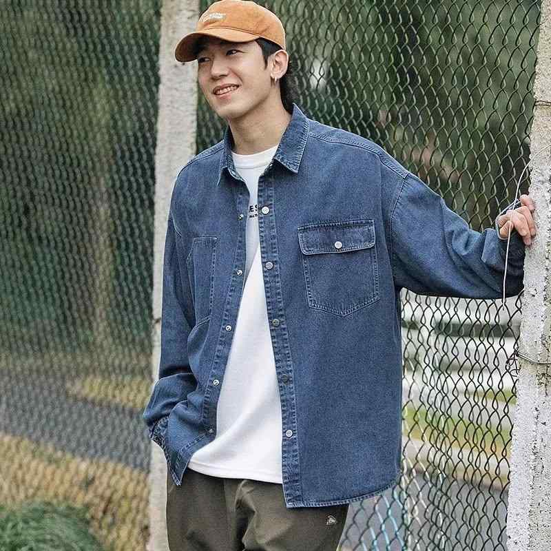 シャツ メンズ 男性用 デニムシャツ ゆったり ビッグシルエット レトロ ヴィンテージ 春秋 長袖 カジュアル 普段使い 着回し アウター 羽織り 襟付き ポケット付き 無地 形態安定 耐久性 ブルー ブラック