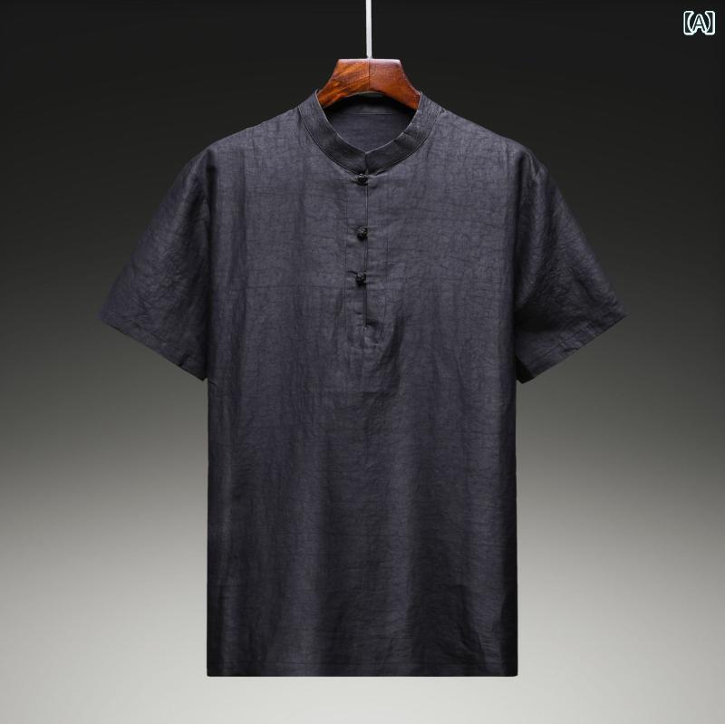 Tシャツ メンズ 半袖 ヘビーウェイト 桑蚕シルク 亀裂模様 香雲紗 中華風 スタンドカラー レトロ トップス 紳士 ブラック 夏