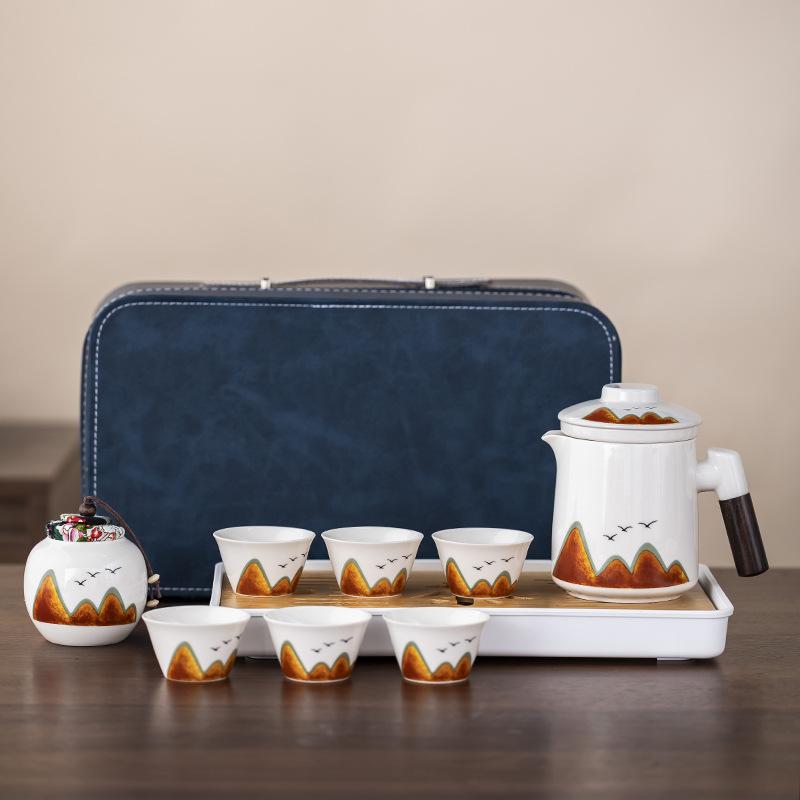 茶器 ポータブル アウトドア 陶磁器製 山水画風デザイン トラベル ティーセット 急須 茶盤 中華風 来客用 普段使い ビジネス 贈答品 記念品 コンパクト